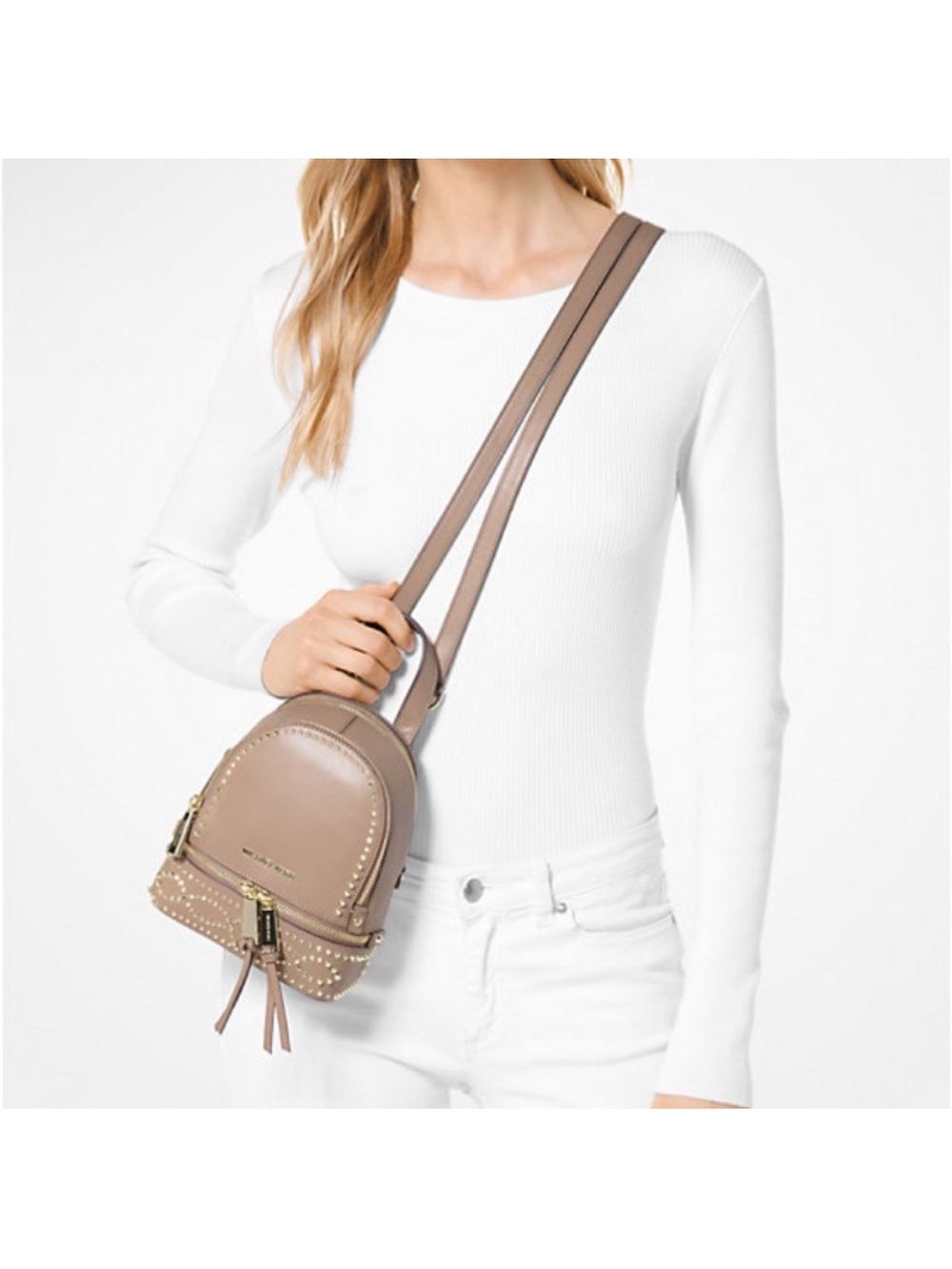 Michael Kors Rhea Mini Studded Backpack Crossbody - Picture 1 of 14